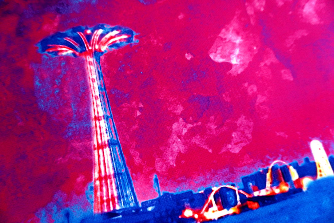 "Deep Blue Dreams" Parachute Drop Coney Island Watercolor on Canvas Framed Wall Art 11" x 17"