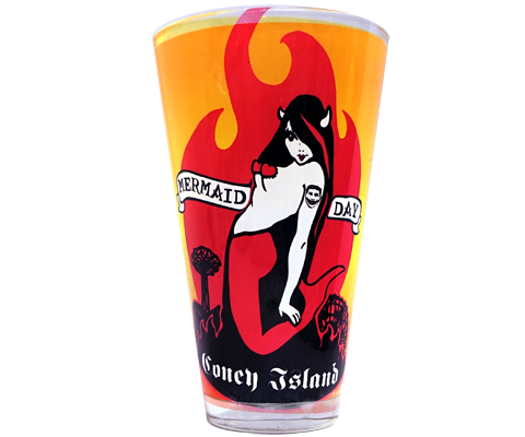 Coney Island pint glass, sexy devil Mermaid design for mermaid day on a handmade pint glass, handmade gifts for everyone made in Brooklyn NY