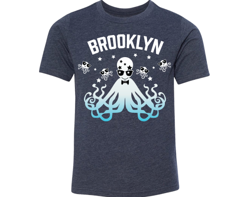 New York neighborhood t-shirt for kids, fun rad disco squid design, handmade gifts for kids made in Brooklyn NY