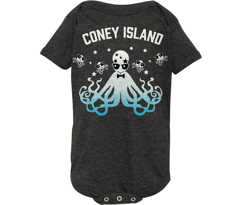 Load image into Gallery viewer, A Coney Island onesie. Disco squid design. Heather gray onesie handmade in Brooklyn New York for babies and parents to be. The perfect baby shower gift for the coolest baby.

