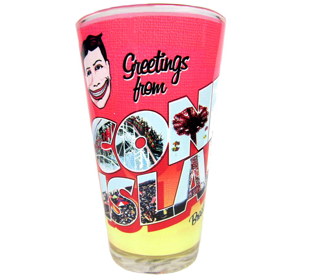 Coney Island pint glass, vintage Coney Island postcard style design on a handmade pint glass, handmade gifts for everyone made in Brooklyn NY
