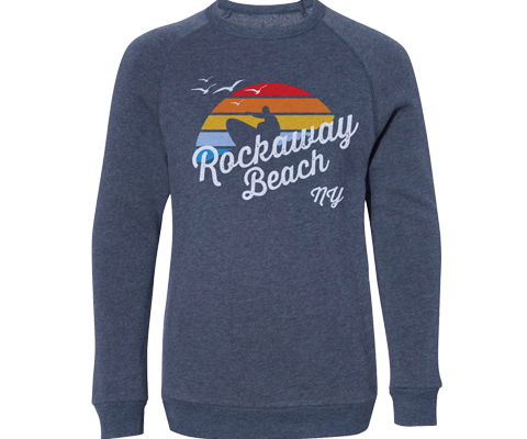 Rockaway beach sweatshirt for ladies, retro surfer design, blue crew neck sweatshirt,Handmade gifts for adults made in Brooklyn NY 