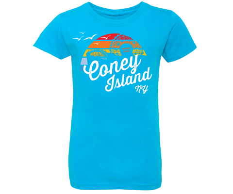Coney Island t-shirt for girls, retro Surfer and rainbow design on a bright blue t-shirt, handmade gifts for kids made in Brooklyn NY