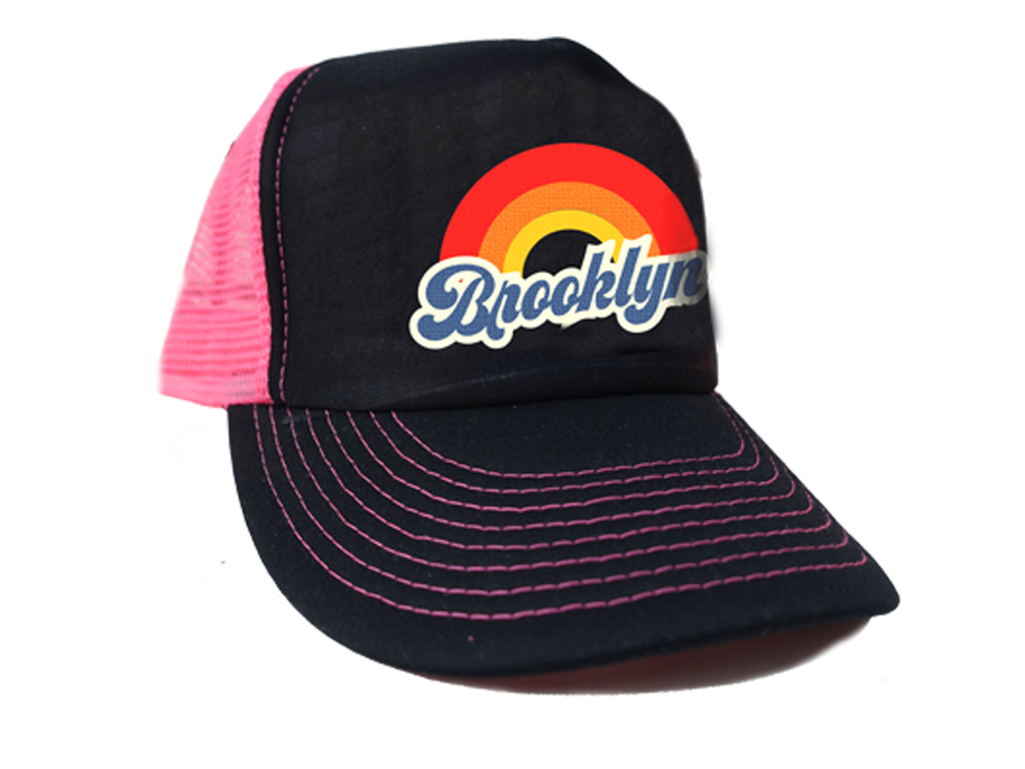Brooklyn hat, retro rainbow Brooklyn design on a black background with hot pink mesh and embroidery on a women's baseball cap, hand-printed, handmade gifts made for everyone in Brooklyn NY 
