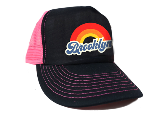 Brooklyn hat, retro rainbow Brooklyn design on a black background with hot pink mesh and embroidery on a women's baseball cap, hand-printed, handmade gifts made for everyone in Brooklyn NY 