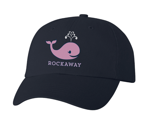 Rockaway Beach hat, adorable Rockaway whale design on a navy blue classic baseball cap, hand-printed, handmade gifts for everyone made in Brooklyn NY