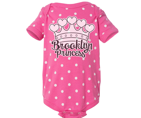 Brooklyn baby Romper, adorable polka dot and pink onesie with a cute Tiara design, handmade gifts are babies made in Brooklyn NY