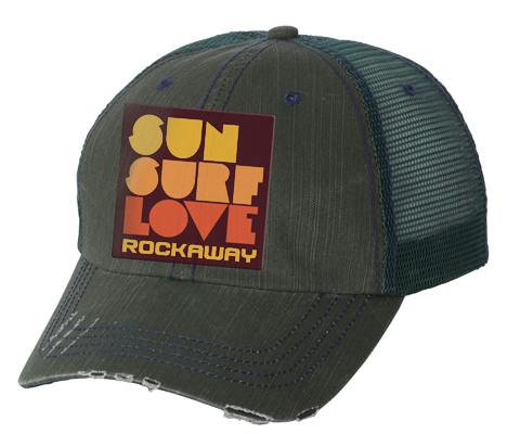 Rockaway Beach hat, Rockaway Sun surf love patch design on a distressed forest green classic baseball cap with a mesh back, and applied patch, handmade gifts for everyone made in Brooklyn NY 