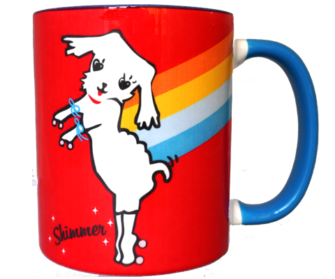 Shimmer star mug, limited edition adorable rainbow Shimmer star roller skate design on a bright red background with a blue handle and interior, handmade mug, handmade gifts made in Brooklyn NY