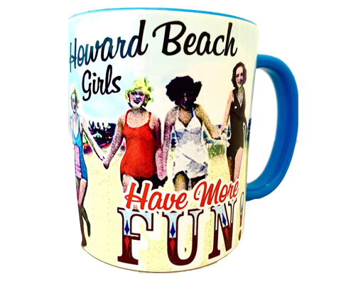 Howard Beach mug, vintage colorful girls on a Howard beach backdrop on a handmade mug, handmade gifts for everyone made in Brooklyn NY