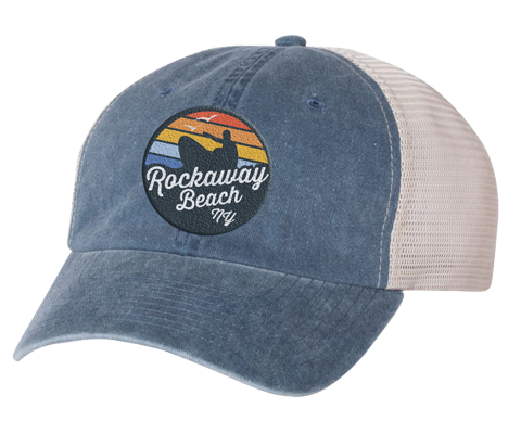 Rockaway Beach hat, Rockaway rainbow server patch design on a Navy Stone classic baseball cap with a white mask back, and applied Pat, handmade gifts for everyone made in Brooklyn NY