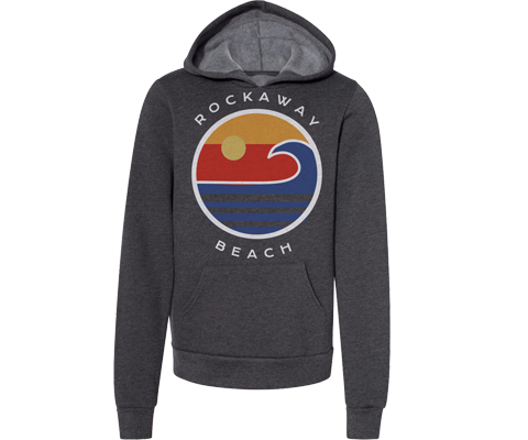 Rockaway youth hoodie, ocean wave design on Heather grey fleece hoodie, handmade gifts for kids made in Brooklyn NY