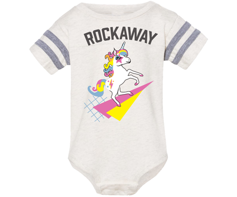 Rockaway Beach onesie, retro unicorn design on a white baby onesie with striped sleeves, handmade gifts for babies made in Brooklyn NY