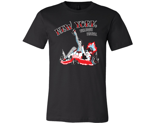 Load image into Gallery viewer, New York t-shirt for adults, retro burlesque design on a black T-shirt, handmade gifts for everyone made in Brooklyn NY
