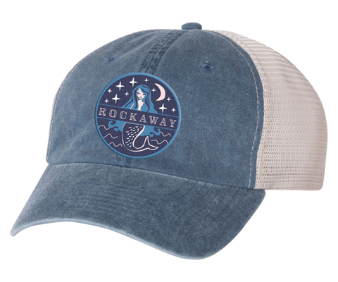 Rockaway Beach hat, Rockaway Starlight mermaid patch design on a stone blue embroidered classic baseball cap with a white mesh back, hand-applied patch, handmade gifts for everyone made in Brooklyn NY