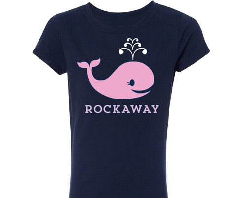 Adorable Rockaway girls t-shirt. With a whale design on a navy blue tee and Rockaway print. Handmade in Brooklyn New York for girls.
