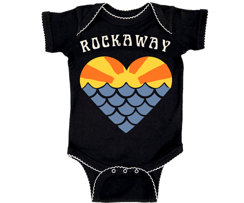 Rockaway Beach onesie, Sunset mermaid heart design on a black onesie with white thread trim, handmade gifts for babies made in Brooklyn NY
