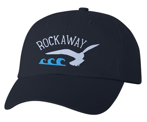 Rockaway Beach hat, Rockaway Seagull wave design on a navy blue classic baseball cap, hand-printed, handmade gifts for everyone made in Brooklyn NY