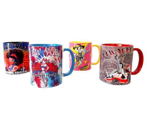 Burlesque mugs, a collection of a variety of styles of the Burlesque Festival handmade mugs, handmade gifts for everyone made in Brooklyn NY 