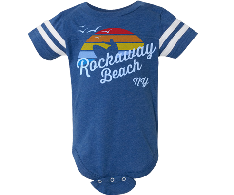  The coolest Rockaway onesie. A rainbow Surfer design with white stripes on the sleeves of a heather blue onesie. Handmade gifts for babies and parents to be made in Brooklyn New York. The perfect gift for Rockaway baby boys..