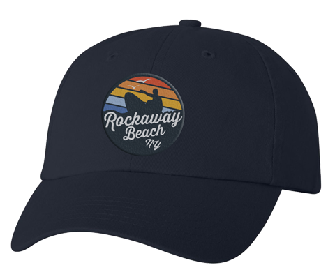 Rockaway Beach hat, Rockaway rainbow Surfer patch design on a relaxed navy blue classic baseball cap, and applied pets, handmade gifts for everyone made in Brooklyn NY