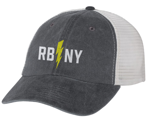  Rockaway Beach hat, Rockaway bolt New York design on a stone gray and white mesh bag classic baseball cap, hand-printed, handmade gifts made in Brooklyn NY
