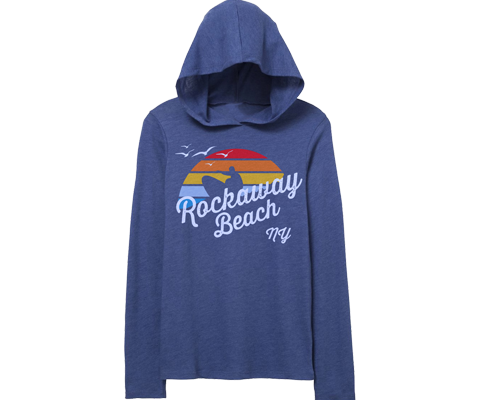 Rockaway Beach long sleeve t-shirt for adults, retro Surfer with rainbow design on Blue t-shirt, handmade gifts for everyone made in Brooklyn NY