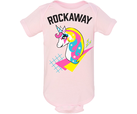 Rockaway Beach onesie, rad unicorn design on a light pink baby girls onesie, handmade gifts are babies made in Brooklyn NY