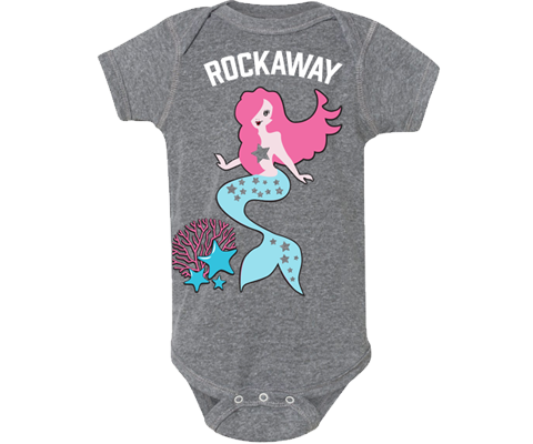 A Rockaway onesie. Mermaid and coral design on a Heather gray baby's onesie. A must-have. Handmade gift for babies and parents to be made in Brooklyn New York. The perfect onesie for a baby girl.