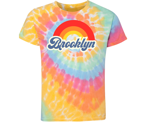 Brooklyn t-shirt for kids, fun tie dye and retro rainbow Brooklyn design, handmade gifts for kids made in Brooklyn NY