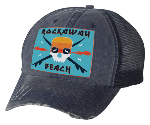 Rockaway Beach hat, Rockaway Beach surf for skull patch design on a distressed embroidered navy blue baseball cap with a mesh back, and a hand applied patch handmade gifts made of Brooklyn NY