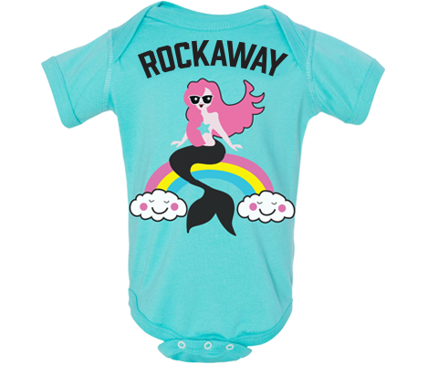 Rockaway Beach Baby Onesie, fabulous, colorful mermaid and rainbow design on an aqua babies onesie, handmade gifts for babies made in Brooklyn NY