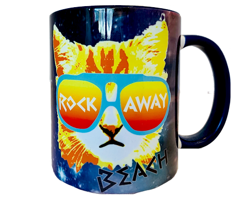 Rockaway Beach mug, Rad Cat design with Rockaway Beach print on a magical dark blue backdrop with a black handle and interior, handmade mug, handmade gifts made in Brooklyn NY