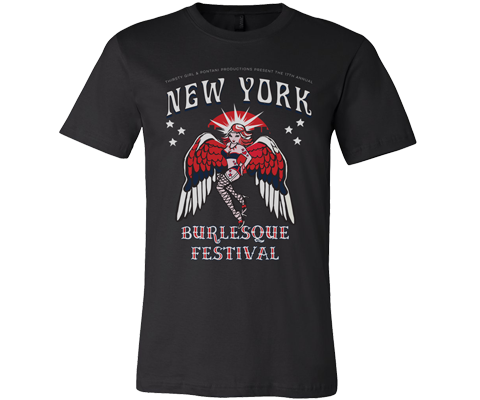 New York t-shirt for adults, retro 80s style burlesque design on a black T-shirt, handmade gifts for everyone made in Brooklyn NY