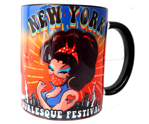  burlesque mug, fun, flirty burlesque design with a modern Twist on a handmade mug, handmade gifts for everyone made in Brooklyn NY 