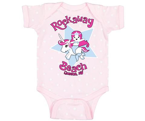 Rockaway Beach onesie, cute unicorn mermaid design on a baby pink onesie with white polka dots, handmade gifts for babies made in Brooklyn NY