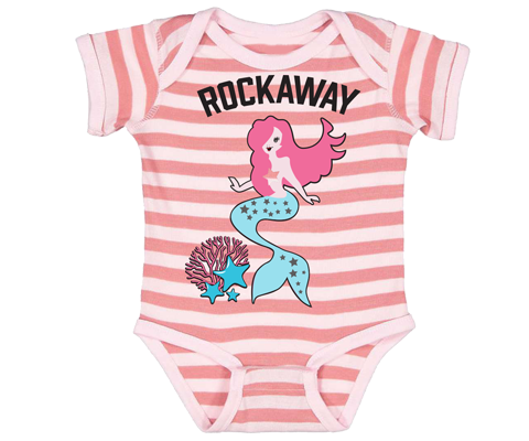 Rockaway Beach onesie, Fun Mermaid and coral design on a coral stripe babies onesie, handmade gifts for babies made in Brooklyn NY