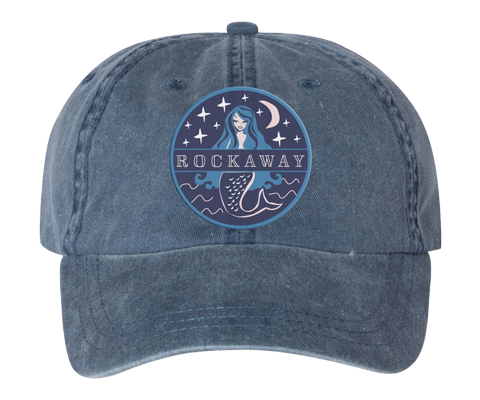 Rockaway Beach hat, Rockaway Starlight mermaid test design on a classic embroidered denim baseball cap, hand applied patch, handmade gifts for everyone made in Brooklyn NY