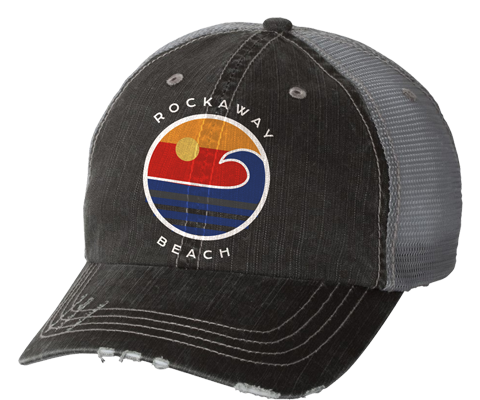 Rockaway Beach hat, Rockaway Beach ocean wave design on a distressed gray classic baseball cap with mesh back, hand-printed, handmade gifts for everyone made in Brooklyn NY