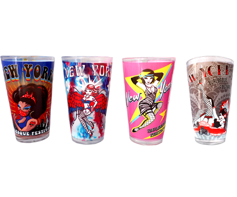 Burlesque pint glasses, a collection of a variety of styles of the Burlesque Festival handmade pint glasses, handmade gifts made in Brooklyn NY