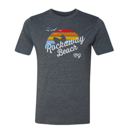 Rockaway Beach t-shirt for adults, retro surfer with rainbow design on a blue t-shirt, handmade gifts for everyone made in Brooklyn NY