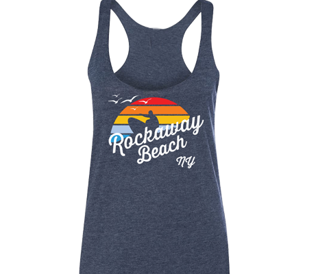 Rockaway beach tank top with retro surfer and rainbow design on a navy tank, Handmade gifts for her made in Brooklyn NY