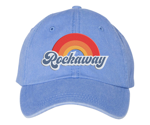 Rockaway Beach hat, retro Rockaway rainbow design on a sky blue embroidered classic baseball cap, hand-printed, handmade gifts for everyone made in Brooklyn NY