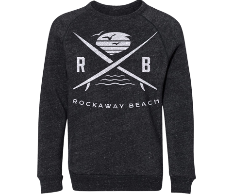 Cool Rockaway crew neck sweatshirt. Surfer design on a heather gray youth fleece sweatshirt. Handmade in Brooklyn New York for kids.