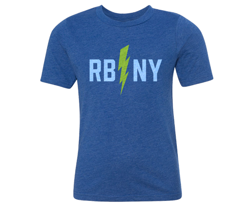 Rockaway kids t-shirt, lightning bolt design on a medium blue t-shirt, handmade gifts for kids made in Brooklyn NY