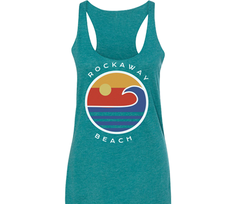 Rockaway beach tank top for ladies teal tank top with colorful design, retro style,Handmade gifts for her made in Brooklyn NY