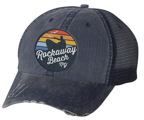Rockaway Beach hat, Rockaway rainbow Surfer patch design on a Navy Stone classic baseball cap with a white mesh back, and applied patch, handmade gifts for everyone made in Brooklyn NY