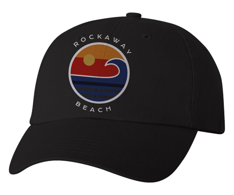 Rockaway Beach hat, Rockaway Beach ocean wave design on a black classic baseball cap, hand-printed, handmade gifts for everyone made in Brooklyn NY
