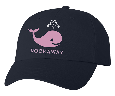 Rockaway Beach hat, pink Rockaway whale design on a navy blue classic baseball cap, hand-printed, handmade gifts for everyone made in Brooklyn NY