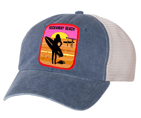 Rockaway Beach hat, Rockaway Beach surfer girl patch design on a stone gray embroidered classic baseball cap with mesh back, hand-applied patch, handmade gifts for everyone made in Brooklyn NY 